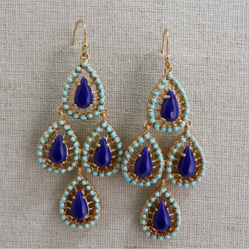 Stella & Dot Ocean Seychelles Cobalt Blue + Sea Green Chandelier DropEarrings